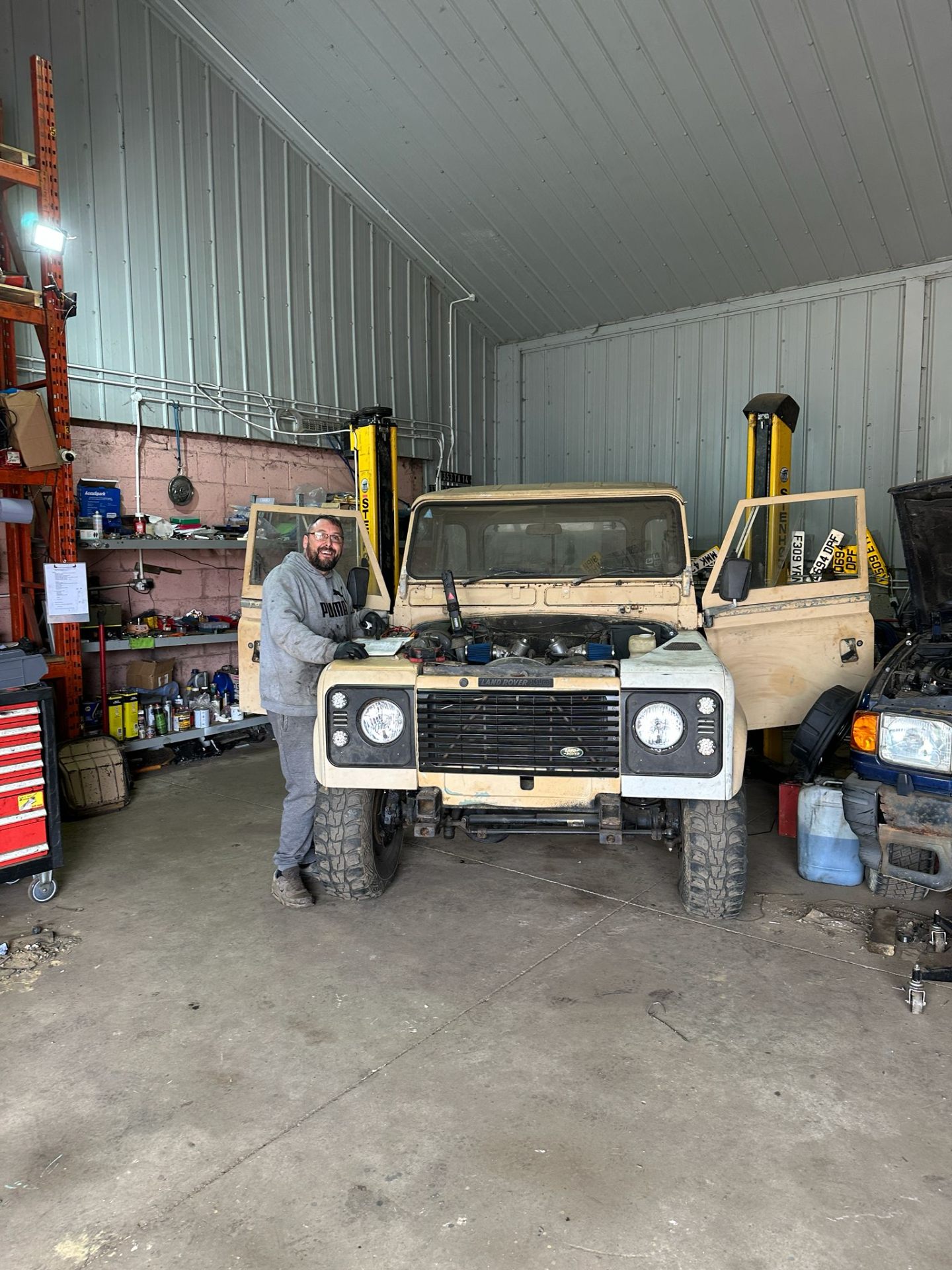 Defender in for engine work at the workshop